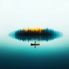 Naklejka premium Serene Canoe Journey Across Tranquil Water Surrounded by Lush Green Trees and a Subtle Golden Hue