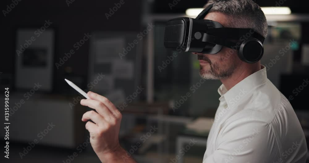Poster architect, man and virtual reality for office, creative and design in metaverse with future tech at 