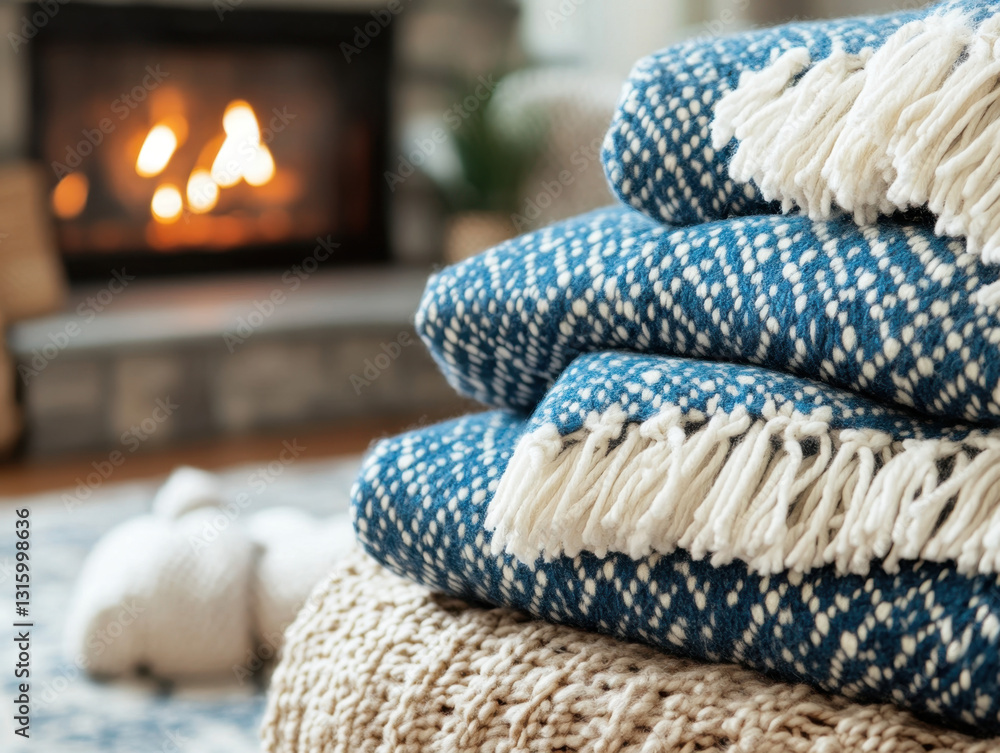 Aufkleber cozy pile of soft blankets next to a flickering fireplace creating a warm and inviting atmosphere fo