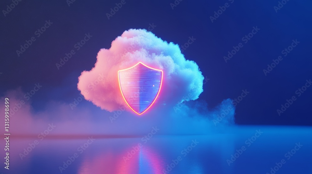 Poster a cloud with a glowing shield on top of it. the shield is red and blue. the cloud is surrounded by a