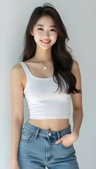 Fototapeta premium Trendy Casual Fashion: Woman in Denim and White Tank Top 