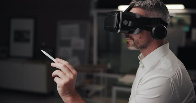 Architect, man and virtual reality for office, creative and design in metaverse with future tech at night. Mature person, AR goggles and application with 3D user experience for process at agency