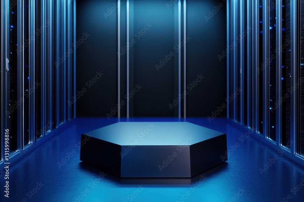 Aufkleber futuristic tech showcase sleek navy hexagonal podium with immersive blue led lighting - cutting-edge