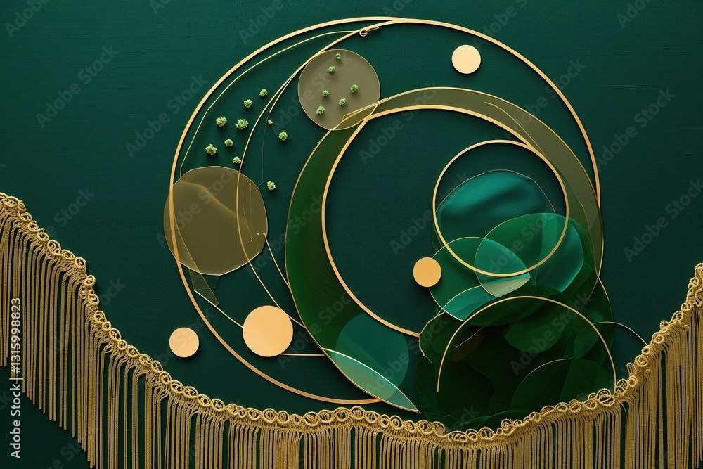 Aufkleber deep green canvas with gold fringes and geometric circular elements in translucent layers