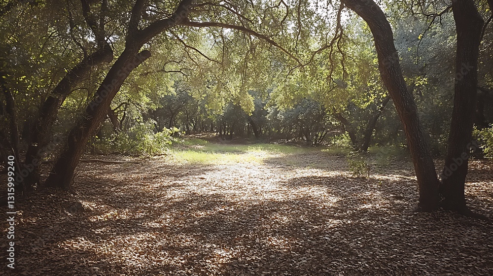 Poster sunlit clearing in a lush green forest with large trees arching overhead.