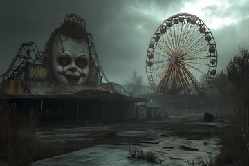 An eerie view of an abandoned carnival featuring a spooky clown and an old ferris wheel under a dark, overcast sky, evoking feelings of nostalgia and unease.