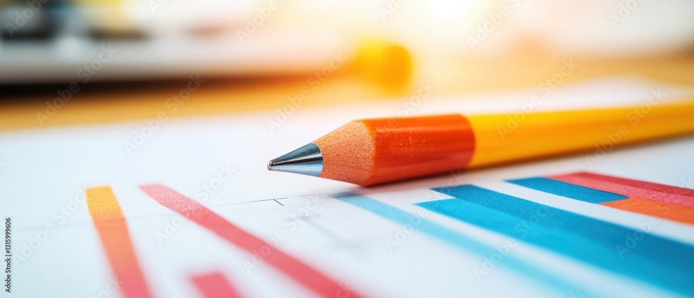 Poster Dynamic Financial Analytics Minimalist Workspace Visualization with Vibrant Graphing Pencils, Data Visualization and Strategic Business Insights for Digital Entrepreneurs