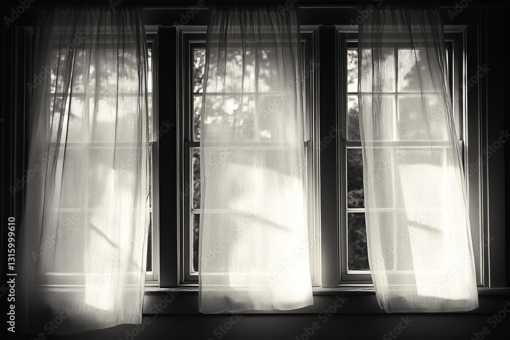 Poster sunlight gently filters through sheer curtains, creating a serene atmosphere in a tranquil room. the
