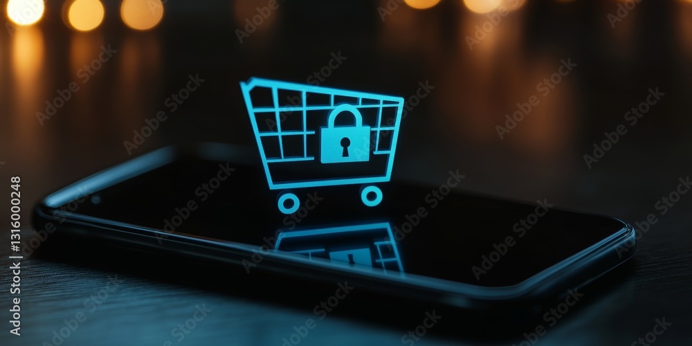 Poster a phone screen shows a shopping cart with a lock on it. concept of security and protection, as if th