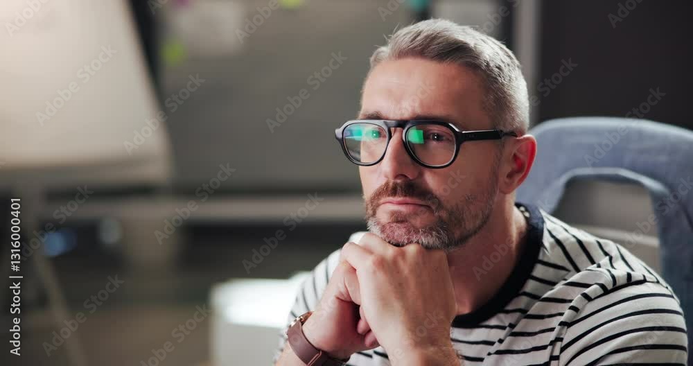 Aufkleber Business, creative and man with computer, reading and copywriter with ideas for project and article. Glasses, copywriting and mature person with tech for blog, contemplating and thoughtful for task