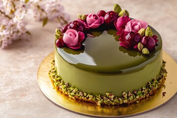 Rich rose-flavored pistachio cake with a glossy mirror glaze on a gold board