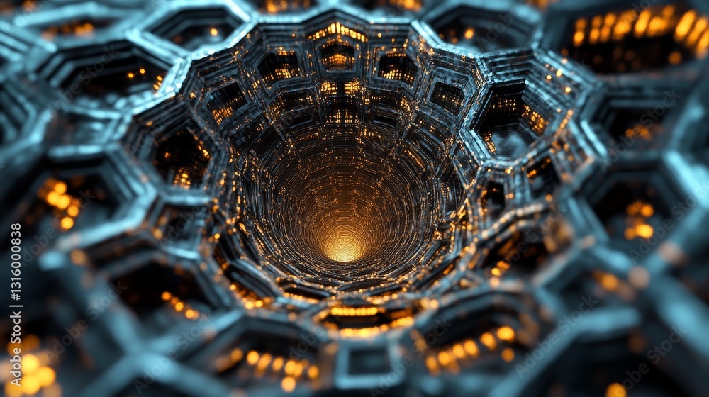 Poster captivating view into an abstract hexagonal tunnel illuminated by glowing lights. this digital artwo