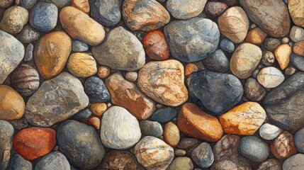 A close-up of beach pebbles in different sizes and colors, showcasing the wear and natural textures caused by the sea 