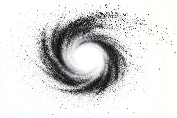 A black and white image of a spiral galaxy with a white background. The galaxy appears to be in the process of collapsing, with the black and white swirls representing the dust