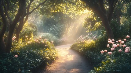 Fototapeta premium Sunlit path through a misty garden with blooming flowers.