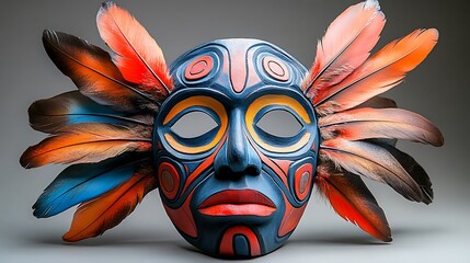 A colorful mask with bright feather accents and complex geometric patterns reflecting tribal artistry