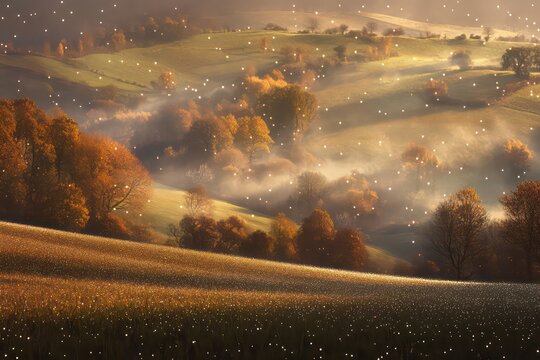 Rolling autumn fields covered in mist and twinkling dewdrops.