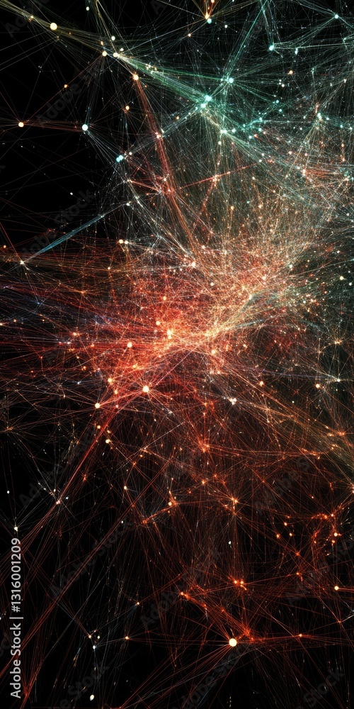 Poster this abstract digital artwork showcases a vibrant network visualization, featuring colorful light ef