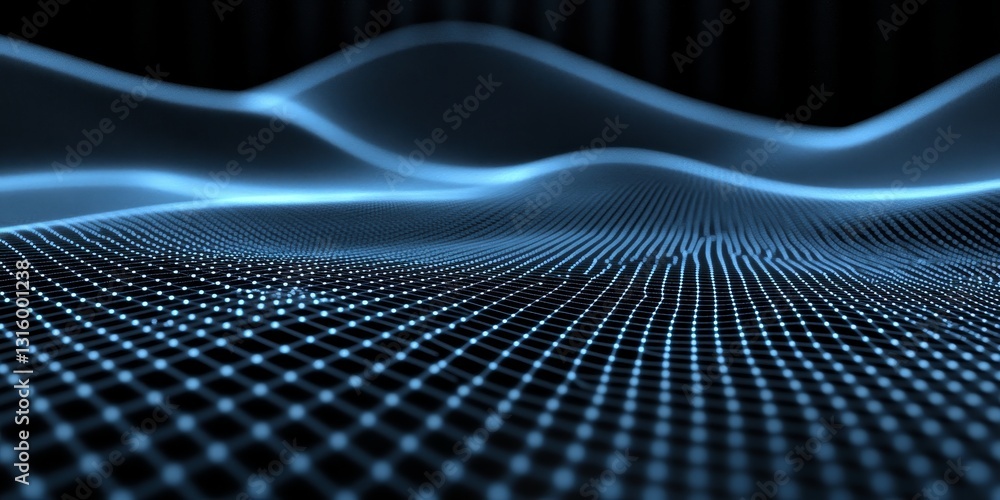 Poster this abstract image showcases fluid waves of blue light against a dark background, creating a dynami