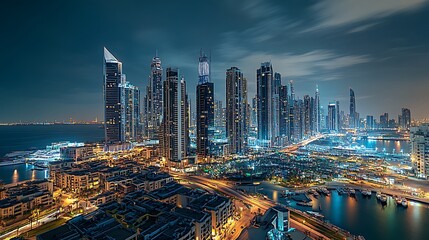 Fototapeta premium Night cityscape panorama, illuminated skyscrapers, harbor, city lights, modern architecture.