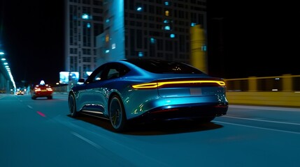 Fototapeta premium Sleek Electric Car AI Night City Drive Autonomous Vehicle Smart Transportation