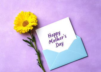 Naklejka premium Yellow Flower and Mother's Day Card in Blue Envelope on Purple