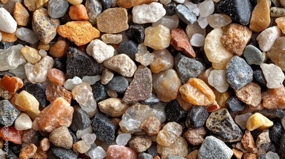 Poster a close-up of pebbles with a variety of textures, from smooth and round to rough and jagged, spread 