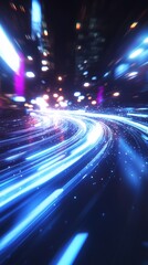 A captivating night scene showcasing dynamic blue light trails in an urban environment. The motion blur effect creates a sense of speed and energy.