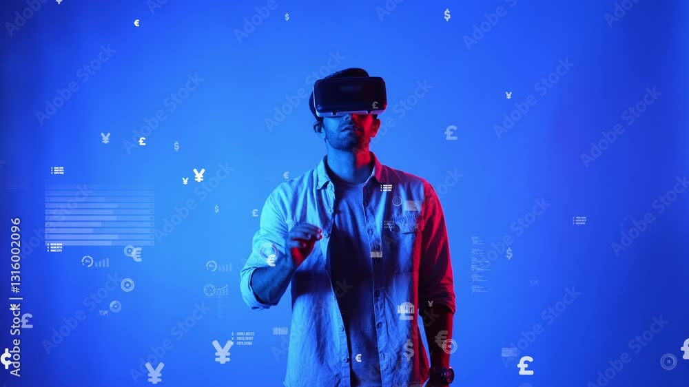 Aufkleber skilled business man wearing vr glasses and casual cloth while looking at financial chart. project m