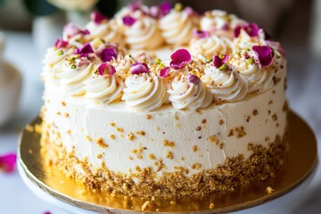 Rose-infused pistachio cake with whipped cream frosting on a polished gold base