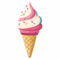 Sweet creamy vanilla and strawberry ice cream vector illustration in a waffle cone, a frozen summer dessert