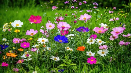 Obraz premium Vibrant Field Of Cosmos Flowers Blooming In A Lush Green Garden During The Spring Season