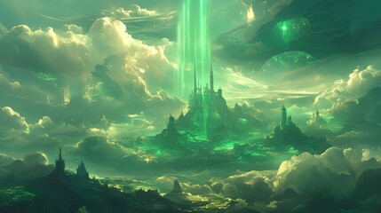 Ethereal Emerald City A Fantasy Landscape with Celestial Beam and Floating Island