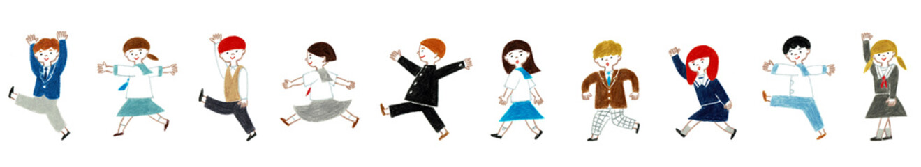 手描きイラスト　制服を着た子供たちの行列