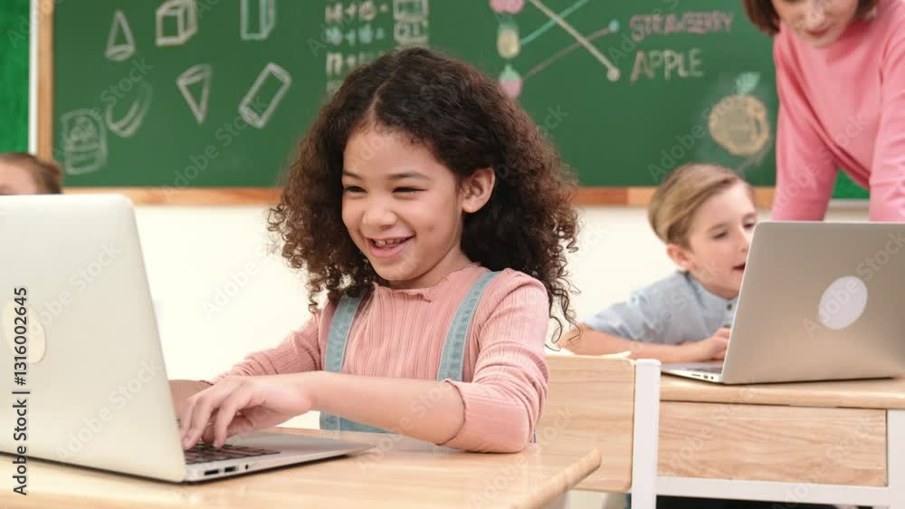 Poster attractive girl coding prompt while looking at camera at stem class while happy teacher checking sma