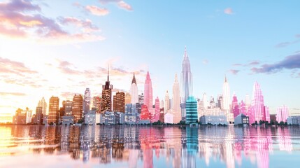 Obraz premium Dreamy Pastel Cityscape Skyline Buildings Sunset Reflection Urban Modern Architectu
