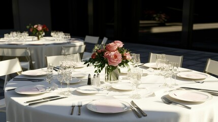 Elegant Outdoor Wedding Reception Table Setting with Pink Roses