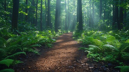 Obraz premium Serene Forest Pathway with Lush Ferns and Sunlight Filtering Through Trees in a Tranquil Setting