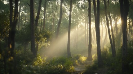 Fototapeta premium Sunbeams pierce through misty forest, illuminating path.