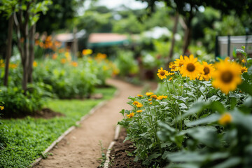 Garden path with gravel and tiny bush, Relaxation place with floral and flower, Japanese style garden decoration with peaceful and shady vibe.
