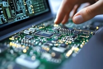 Female specialist focused on using her laptop to develop innovative solutions for electronic circuit boards and artificial intelligence.