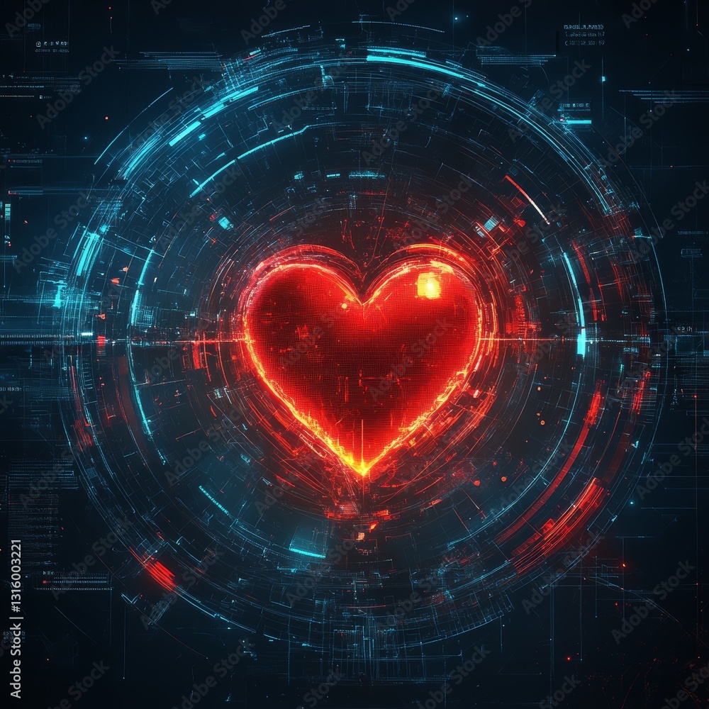 Poster a heart is lit up in a blue and red color scheme. the heart is surrounded by a circle of blue and re