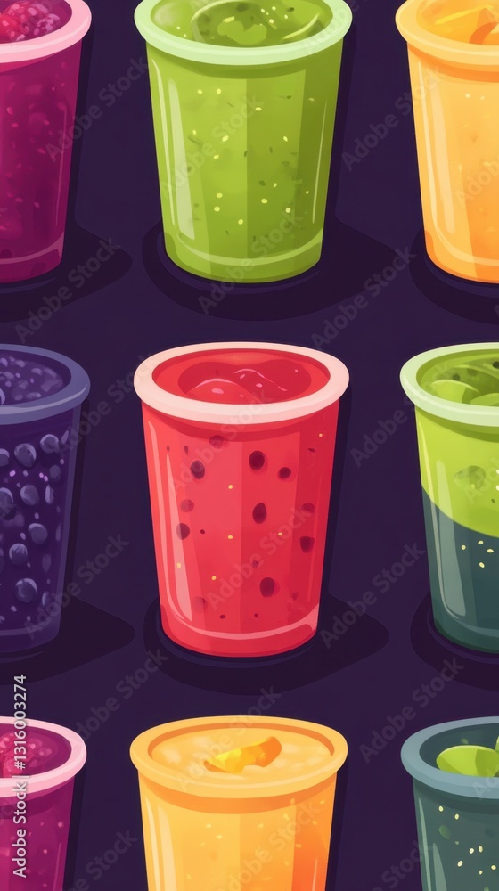 Poster vibrant array of colorful smoothie cups on dark background capturing freshness and healthy lifestyle