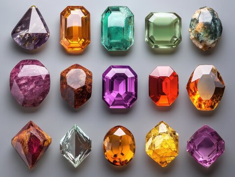 Collection of Colorful Precious Gemstones and Minerals Displayed on a Neutral Background in a Flat Lay Arrangement for Jewelry Design