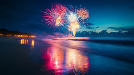 75. A summer fireworks festival on the beach with colorful lights reflecting on the ocean waves