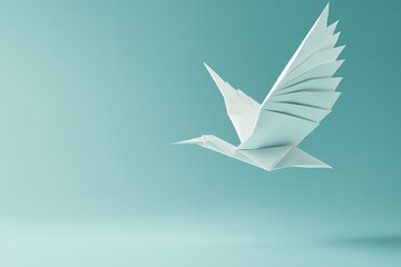 Fototapeta premium White origami bird in flight, serene teal background. Illustrates peace, hope, freedom, and artistic creation.
