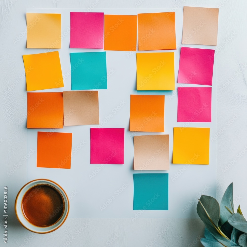 Poster Vibrant Design Thinking Workflow Creative Brainstorming Canvas with Color-Coded Sticky Notes and Minimalist Workspace - Agile Innovation Strategy for Modern Entrepreneurs