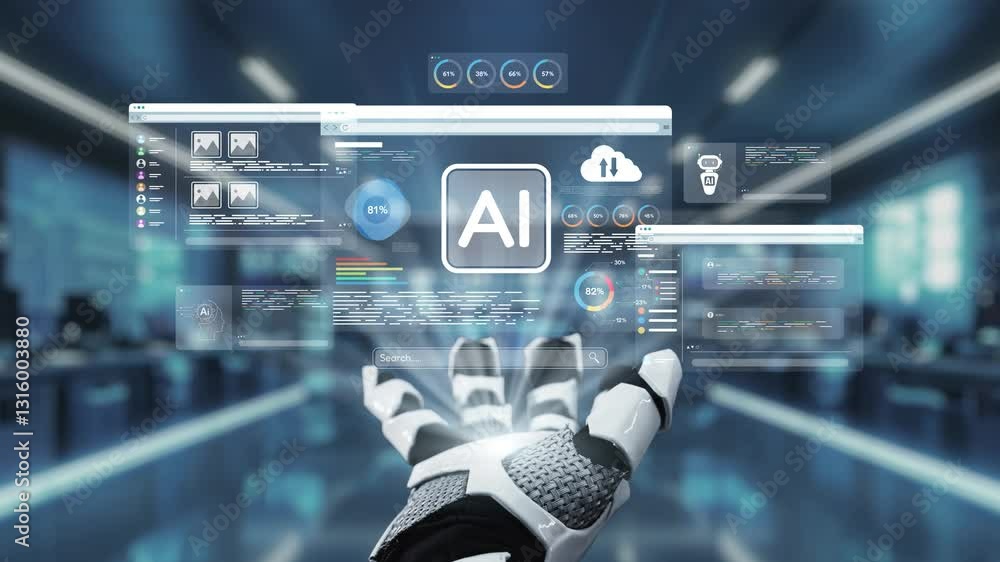 Poster a futuristic robotic hand reaches out to interact with a digital display of artificial intelligence 