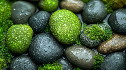A close-up of wet, moss-covered pebbles, the texture of the stones enhanced by the contrasting softness of the moss