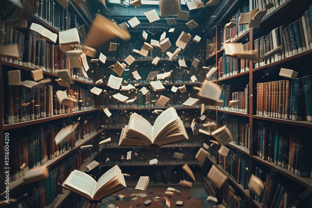 Aufkleber an artistic depiction of books soaring in a vintage library, capturing the essence of knowledge and 